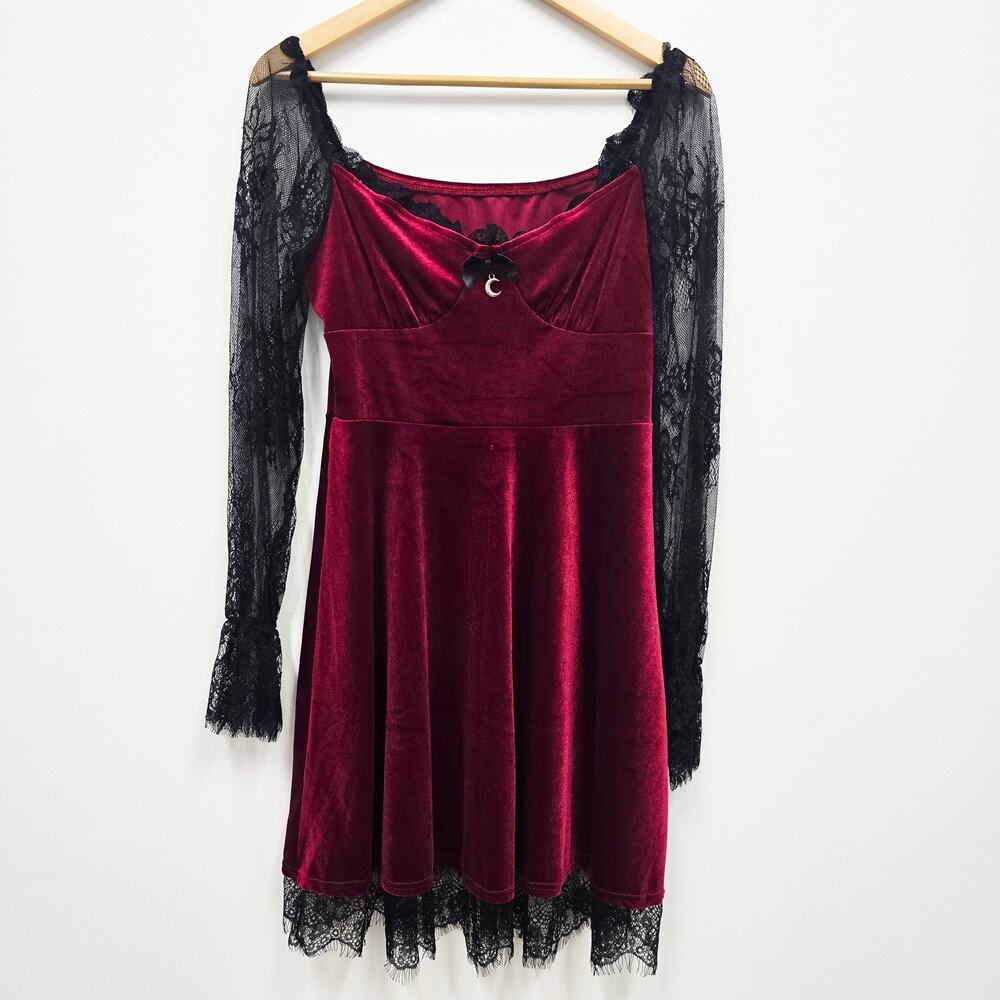 Red Velvet Lace Sleeve Babydoll Dress XL Goth Lolita Whimsigoth Dark Romantic